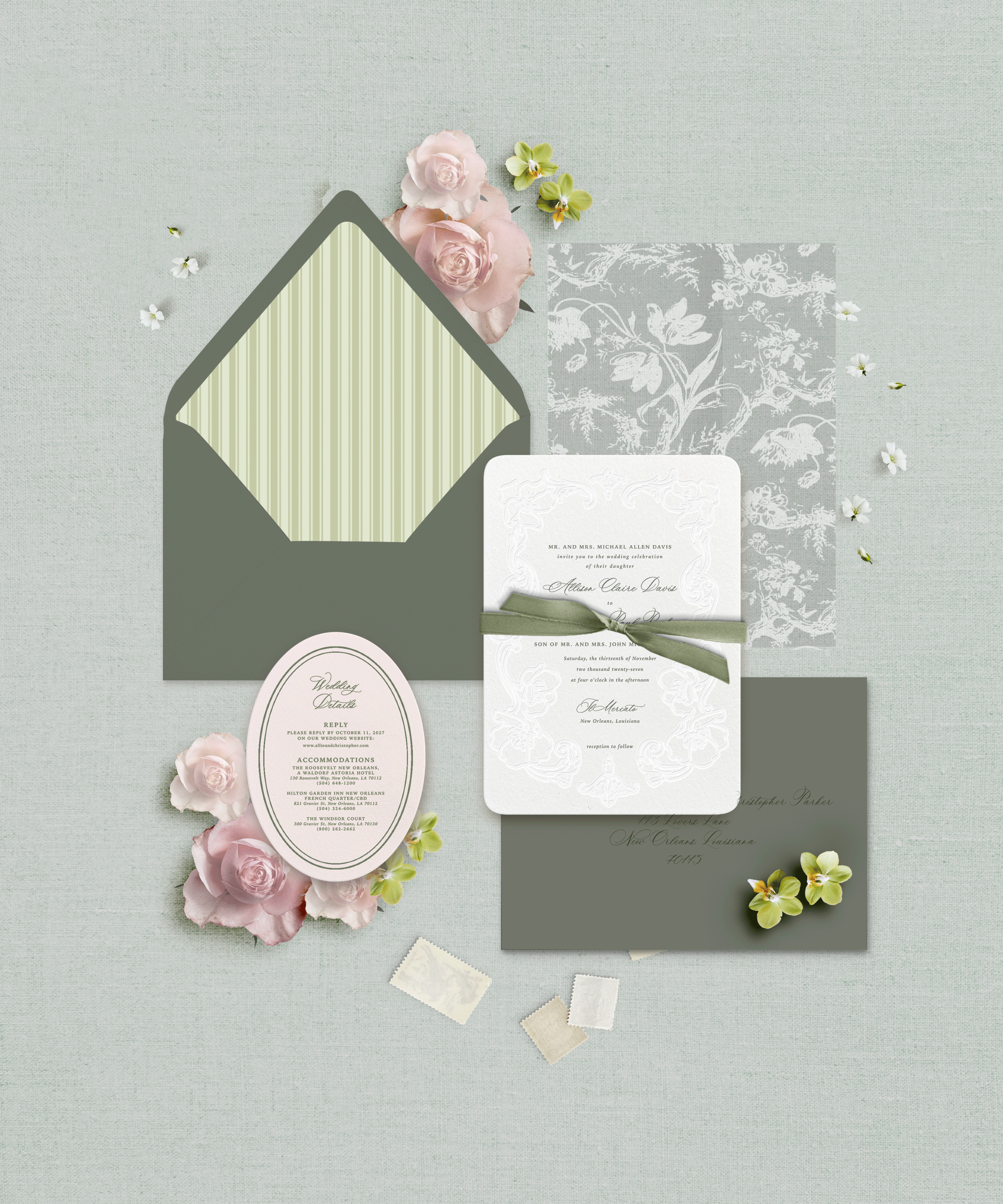 The Heirloom Border Collection Semi-Custom Collections, blind letterpressed floral border