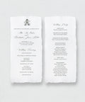 Handmade paper wedding program with black text on a white background