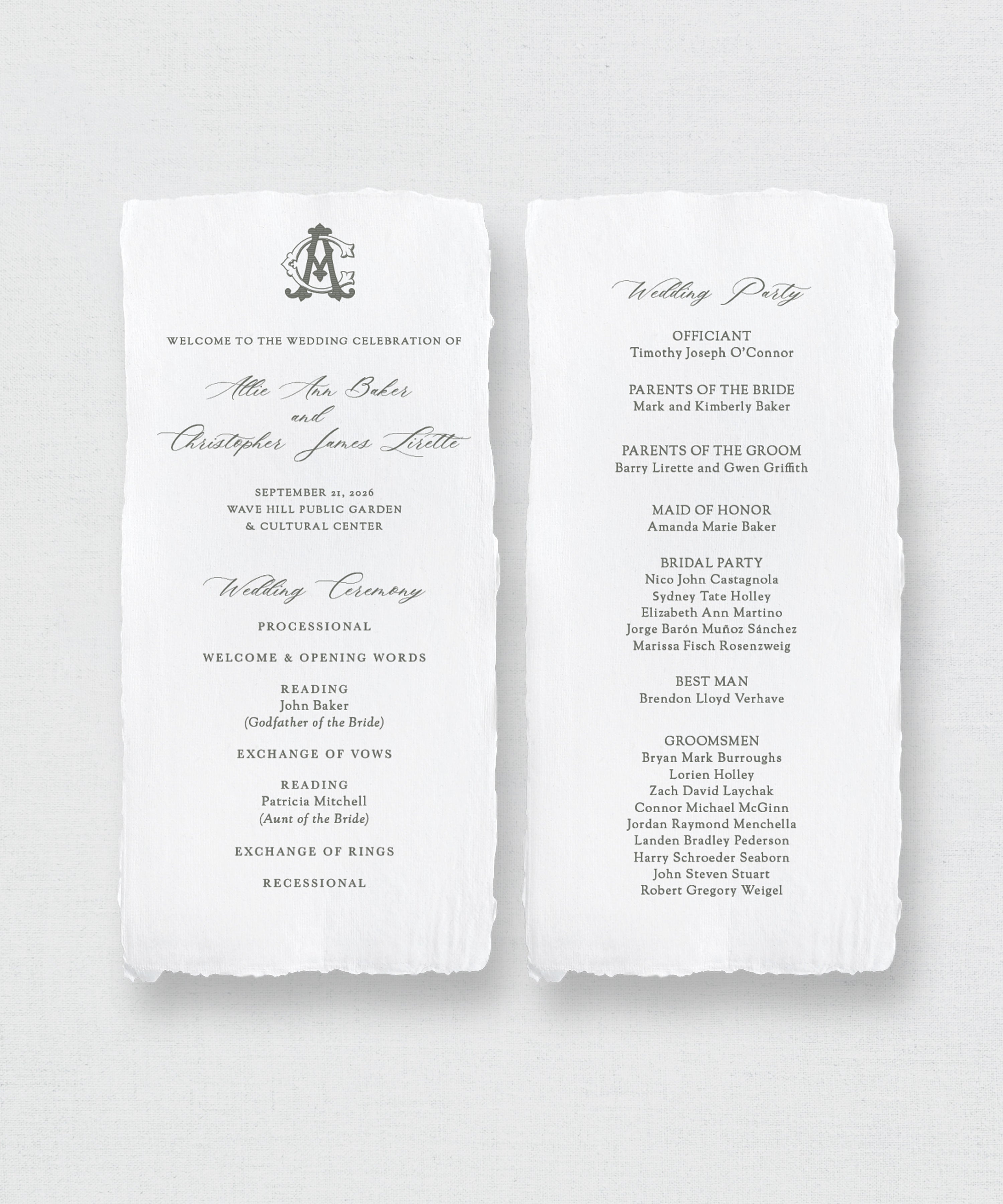 Handmade paper wedding program with black text on a white background