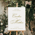Wedding welcome sign on an easel with floral and greenery background