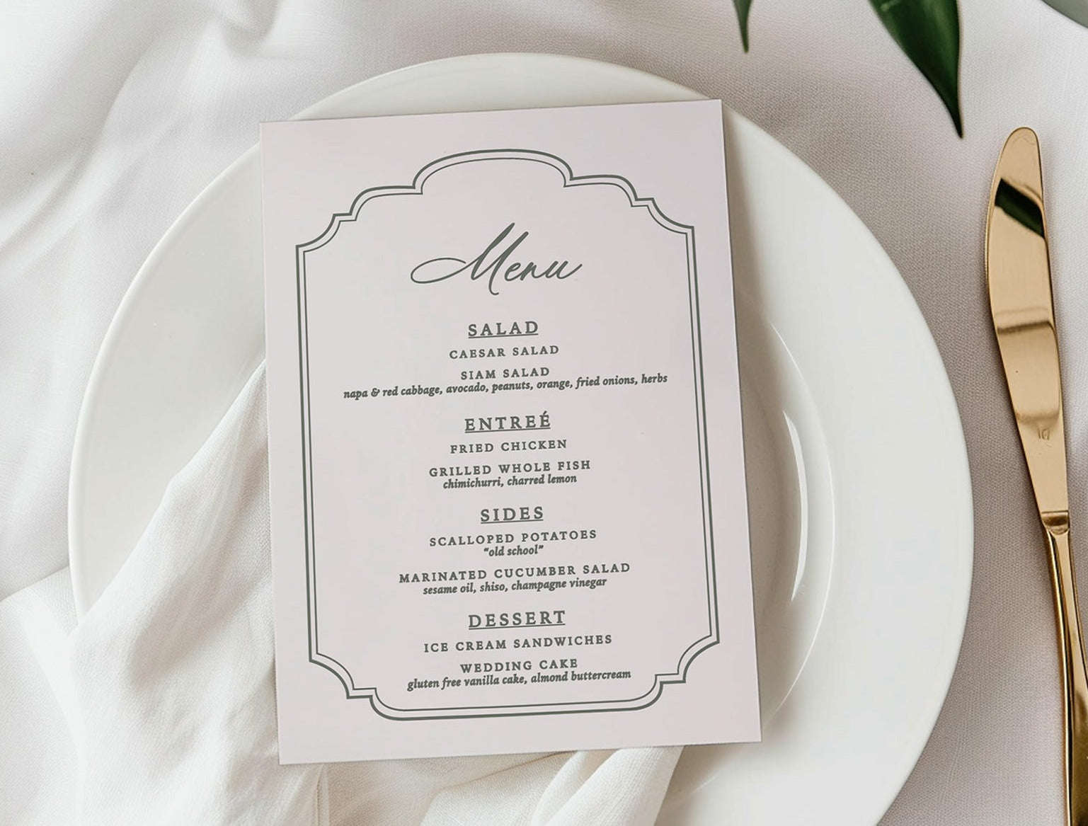 Menu card on a white plate with flowers and cutlery