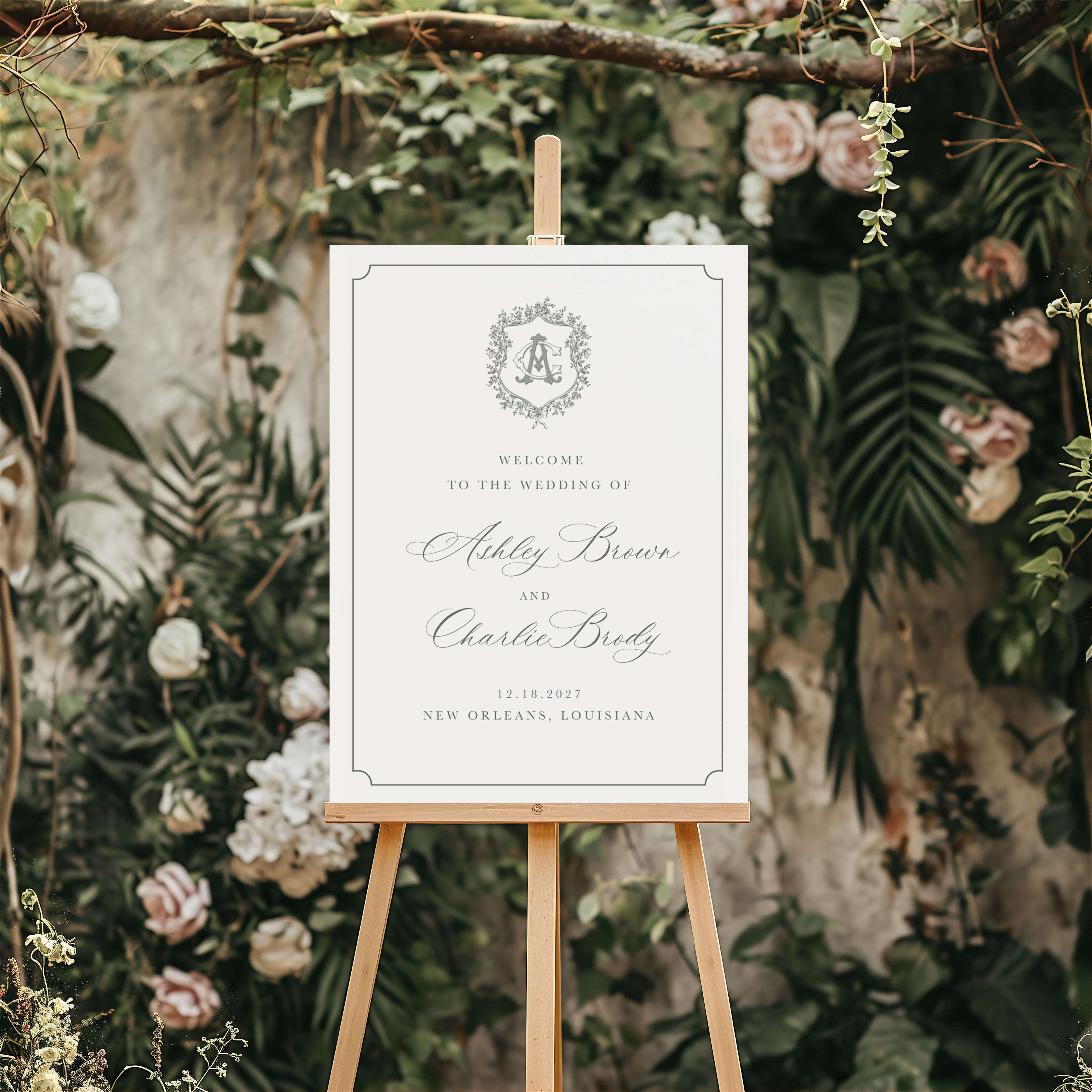 Monogrammed Wedding Welcome Sign - The Heirloom Border Suite Semi-Custom Collections