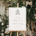 Wedding welcome sign on an easel with floral and greenery background