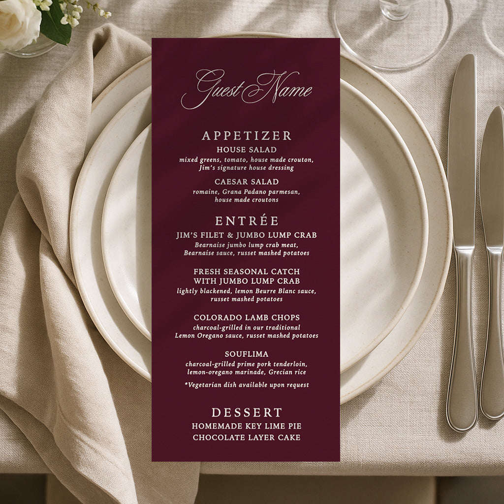 Personalized Wedding Menu Card (Elongated Card) Semi-Custom Collections