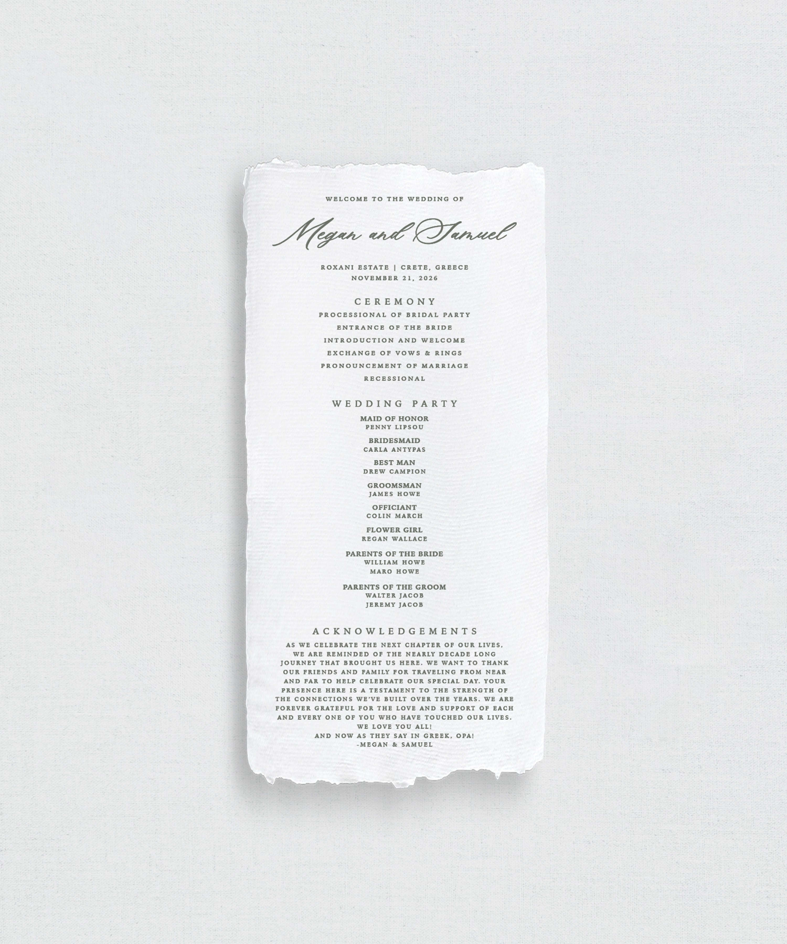 Handmade paper wedding program on a white background