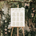 Wedding welcome sign on an easel with floral and greenery background